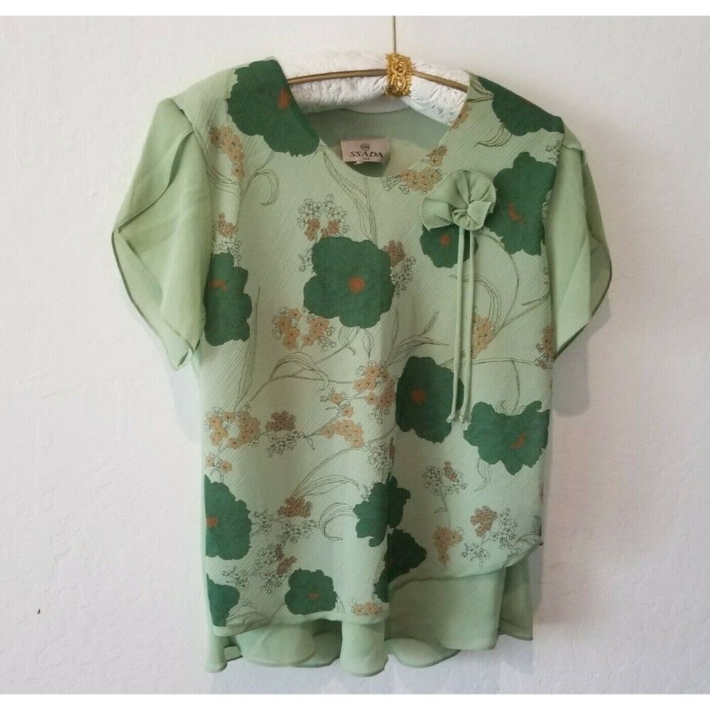 Ssada Top Women's 2XL Chic Flared Sleeves Blouse Cut-Out Tie Floral Green